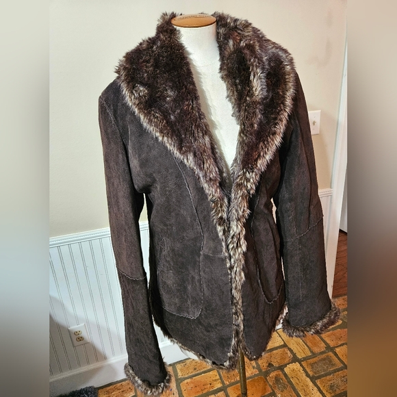 VTG LEE Outerwear Leather Faux Fur Jacket Large - Picture 1 of 6